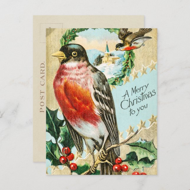 Vintag 1908 Robin Bird Frohe Weihnachten (Vorne/Hinten)