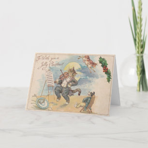 Vintag 1910 Jolly Weihnachtskatze Fiddle Dog Kuh Feiertagskarte