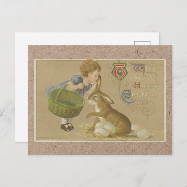 Vintag 1911 Happy Oaster Bunny and Girl Postkarte (Vorne/Hinten)