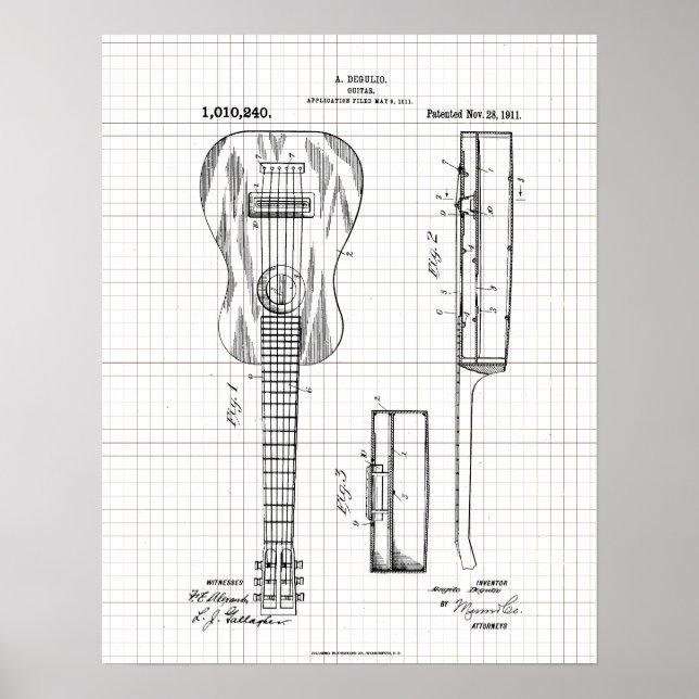 Vintag 1911 Illustration zum Gitarrenpatent Poster (Vorne)