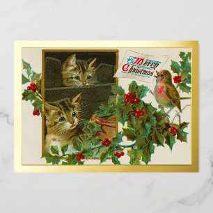 Vintag 1911 Katzen mit Vogel Frohe Weihnachtsgolde Folien Feiertagskarte