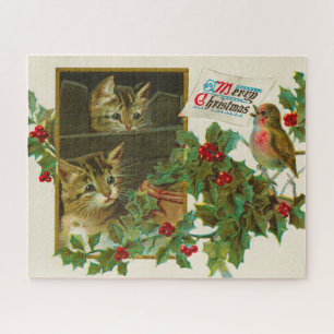 Vintag 1911 Katzen mit Vögeln Frohe Weihnachten Puzzle