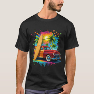 Vintag 1950 Woodie Wagon Surfing Palm Tree Beach T-Shirt