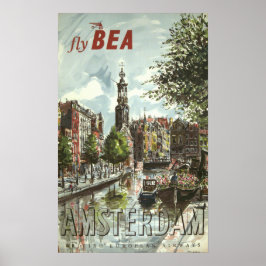 Vintag 1956 Fly BEA Amsterdam UK Travel Poster