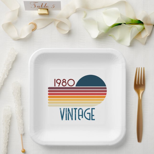 Vintag 1980 Retro Stripe Sun Pappteller (Hochzeit)