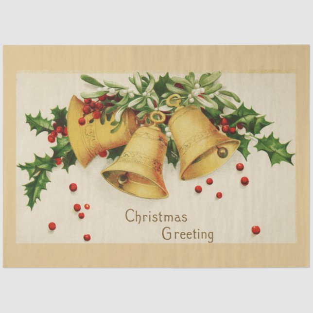 Vintag 3 Glocken und Mistletouren Urlaubskarte Seidenpapier (Vorderseite)