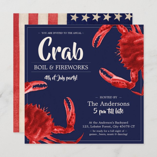 Vintag 4. Juli Crab Boil Sommer Party Einladung (Vorne/Hinten)