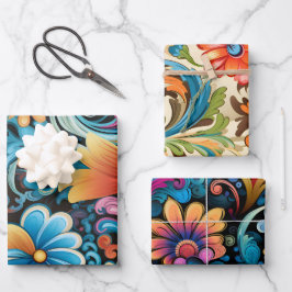 Vintag 70er Retro Hippie Style Blume Power Boho Geschenkpapier Set
