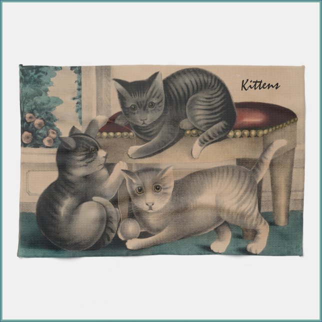 Vintag Adorable Kittens Lithograph Geschirrtuch (Von Creator hochgeladen)