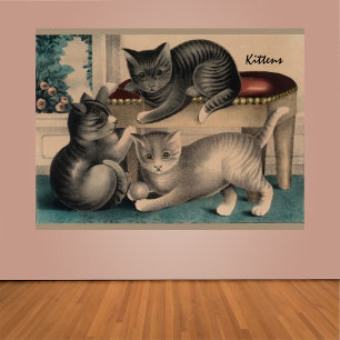 Vintag Adorable Kittens Lithograph Poster