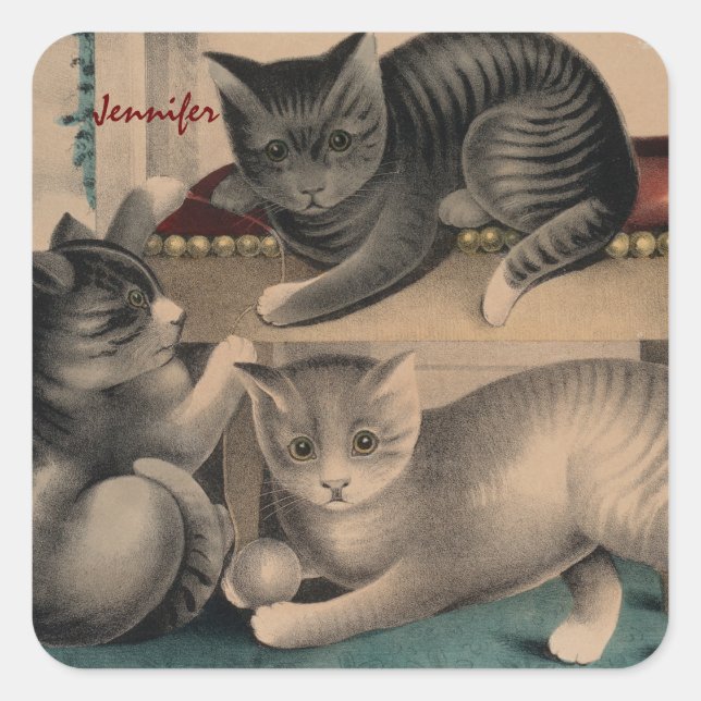 Vintag Adorable Kittens Lithograph Quadratischer Aufkleber (Vorderseite)