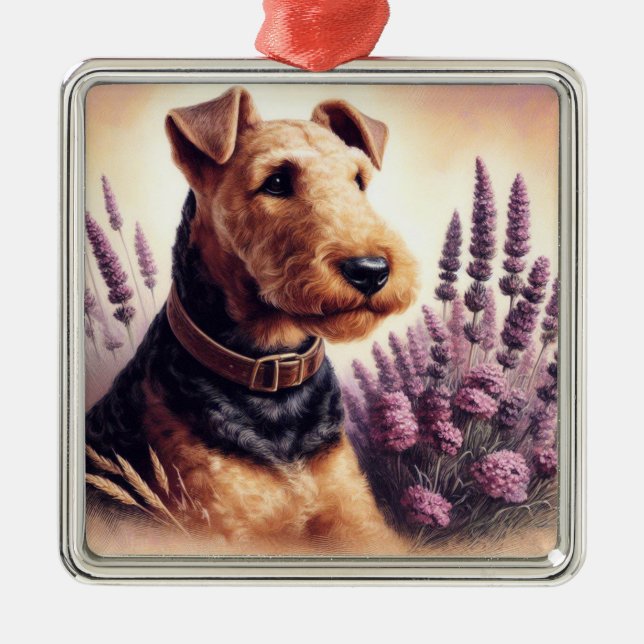 Vintag Airedale Terrier Painting Ornament Aus Metall (Vorne)