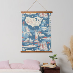 Vintag American Sehenswürdigkeit Pattern - Liberty Wandteppich Mit Holzrahmen