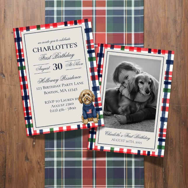 Vintag Americana Kariert Doodle Hund Erster Geburt Einladung (Celebrate your little one’s special day with this Vintage Americana Plaid Doodle Dog Invitation!)
