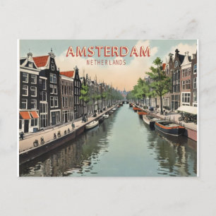 Vintag Amsterdam Niederlande Wasserfront & Boat Postkarte