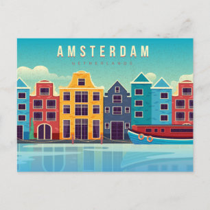 Vintag Amsterdam Niederlande Wasserfront & Boat Postkarte