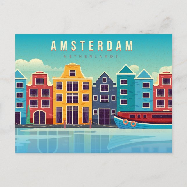 Vintag Amsterdam Niederlande Wasserfront & Boat Postkarte (Vorderseite)