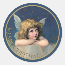 Vintag Angel Frohe Weihnachten Blau und Gold Runder Aufkleber