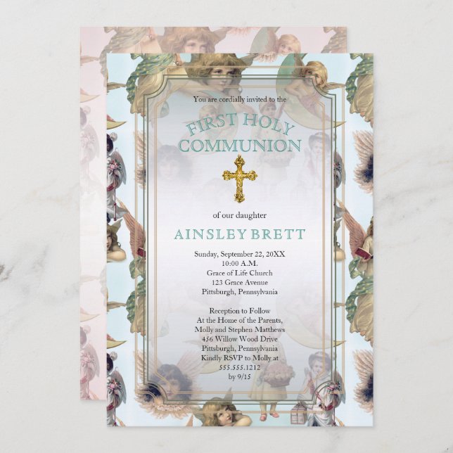 Vintag Angels Girl | Junge Erste Heilige Kommune Einladung (Vorne/Hinten)