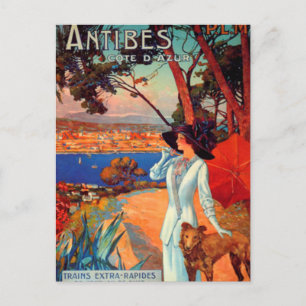 Vintag Antibes Cote D'Azur Woman & Dog Postkarte