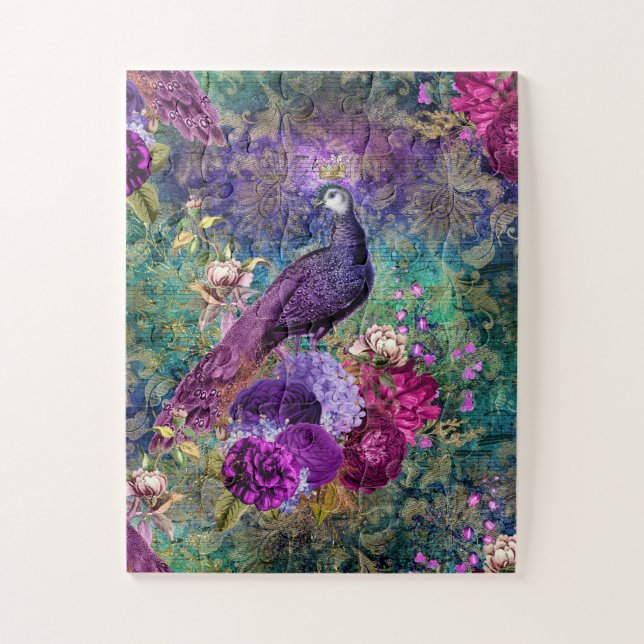 Vintag antiker Lila und Aquamariner Pfau 11x14 Puzzle (Vertikal)