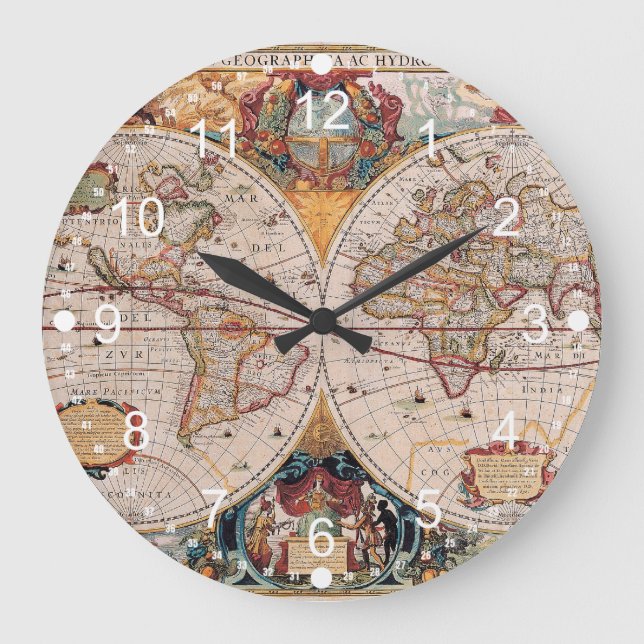Vintag antikes, altes Weltkartendesign verblasst Große Wanduhr (Vorderseite)