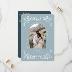 Vintag antikes Geblüht Scroll Blau Foto Save The Date