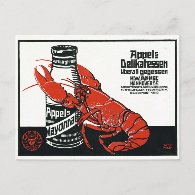 Vintag Appel Mayonnaise Advertising Lobster Postkarte (Vorderseite)