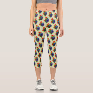 Vintag Art Blue Iris Blume Bouquet Muster Capri Leggings