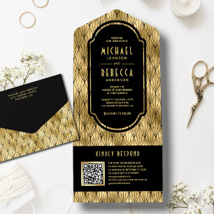 Vintag Art Deco Black Gold QR Code Hochzeit All In One Einladung