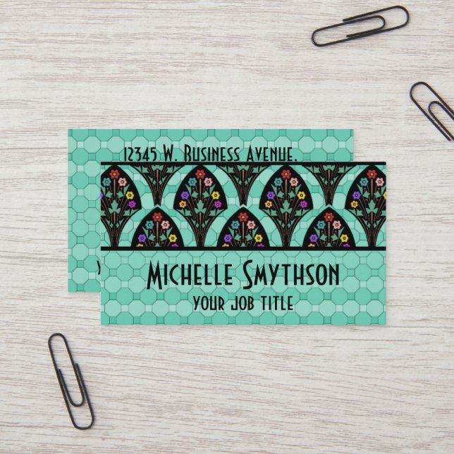 Vintag Art Deco Blume Fan Mosaik Visitenkarte (Vorderseite/Rückseite Beispiel)