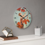 Vintag Art Deco, Flighty Bird von George Barbier Große Wanduhr<br><div class="desc">Vintage Illustration Deko Bild mit einer schönen Modefrau,  die ein Blumenkleid mit ihrem Hausvogel mit langen Schwanz Federn in einem Baum trägt. Ein leerer Käfig,  aus dem der Vogel entkommen ist,  liegt neben der glamourösen Dame auf dem Boden. Flighty Bird (L'Oiseau Volage) von George Barbier,  1914.</div>