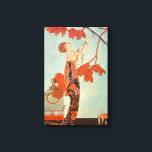 Vintag Art Deco, Flighty Bird von George Barbier Leinwanddruck<br><div class="desc">Vintage Illustration Deko Bild mit einer schönen Modefrau,  die ein Blumenkleid mit ihrem Hausvogel mit langen Schwanz Federn in einem Baum trägt. Ein leerer Käfig,  aus dem der Vogel entkommen ist,  liegt neben der glamourösen Dame auf dem Boden. Flighty Bird (L'Oiseau Volage) von George Barbier,  1914.</div>