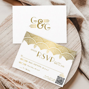 Vintag Art Deco Gold Einzigartiger QR Code Hochzei RSVP Karte