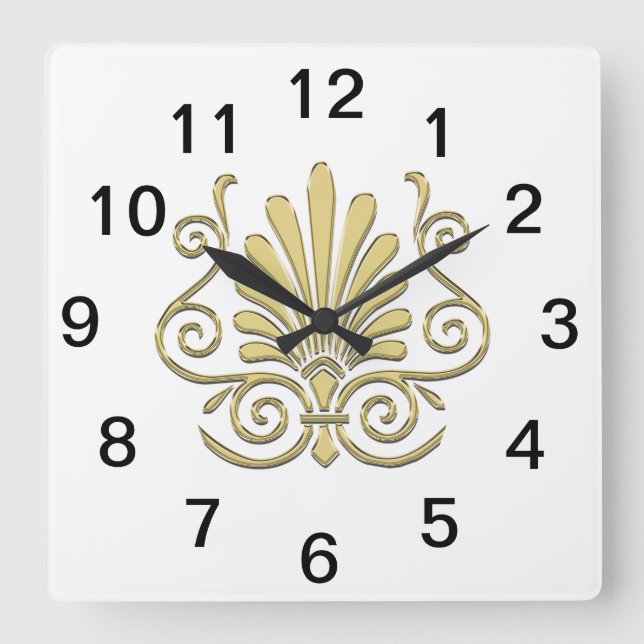 Vintag Art Deco Gold Plume Arabesque Quadratische Wanduhr (Vorderseite)