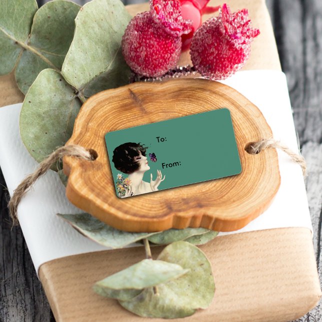 Vintag Art Deco Lady Butterfly Hübsche Blume Adressaufkleber (Gift tag label of Art Deco lady with butterflies and flowers on green.)