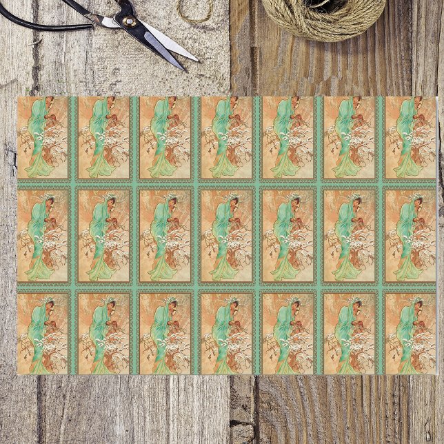 Vintag Art Deco Lady Green Golden Tree Seidenpapier (Rows of ladies in mint green hooded capes in snow covered golden trees on tissue wrapping paper.)
