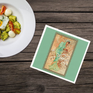 Vintag Art Deco Lady Green Golden Tree Serviette