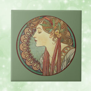 Vintag Art Deco Lady Green Mosaic Tiles Blätter Fliese