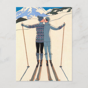 Vintag Art Deco Liebe Kiss Skis Save the Date! Ankündigungspostkarte