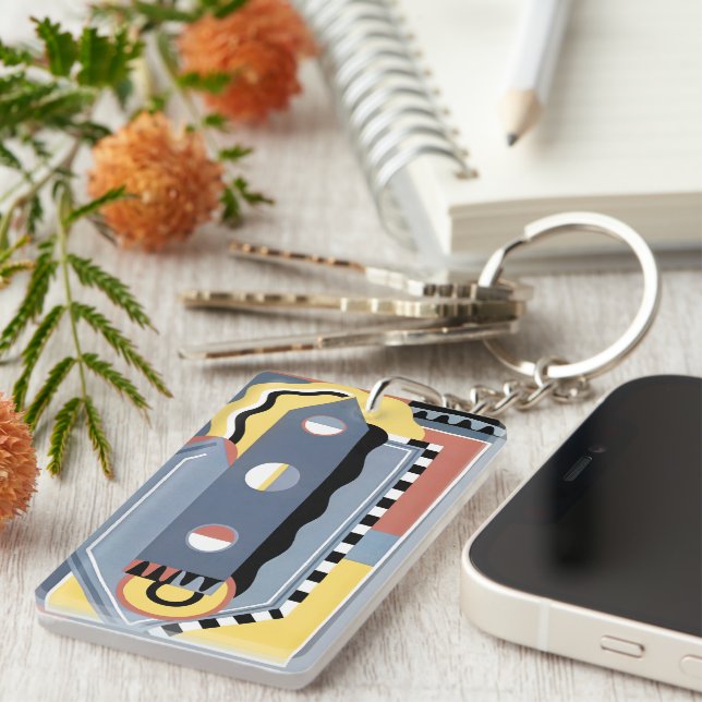 Vintag Art Deco Pochoir Jazz Geometrische Muster Schlüsselanhänger (Vorderseite rechts)