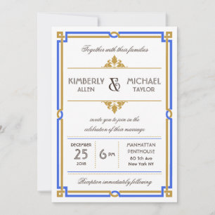 Vintag Art Deco Sapphire Blue & Gold Wedding Einladung