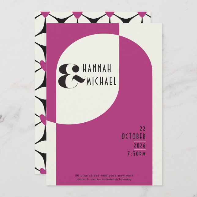 Vintag Art Deco Wedding Black Magenta Einladung (Vorne/Hinten)