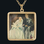 Vintag Art Deco Wedding Bridge und Groom Newlyweds Vergoldete Kette<br><div class="desc">Vintages Bild Liebe und romantische Kunst Deko mit einer Braut und Bräutigam,  die den Gang nach der Hochzeitsfeier hinunter gehen. Der Mann trägt einen Smoking und die Frau trägt ein weißes Hochzeitskleid und trägt einen Strauß von Calla Lilie Blume. Das glückliche,  frisch verheiratete Paar beginnt ihre Ehe.</div>