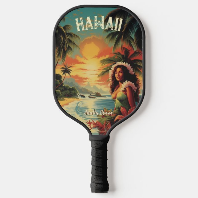 Vintag Art Hawaii Beach Hawaiian Girl Pickleball Schläger (Vorderseite)