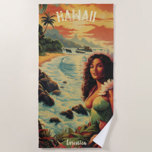 Vintag Art Hawaii Beach Hawaiian Girl Strandtuch