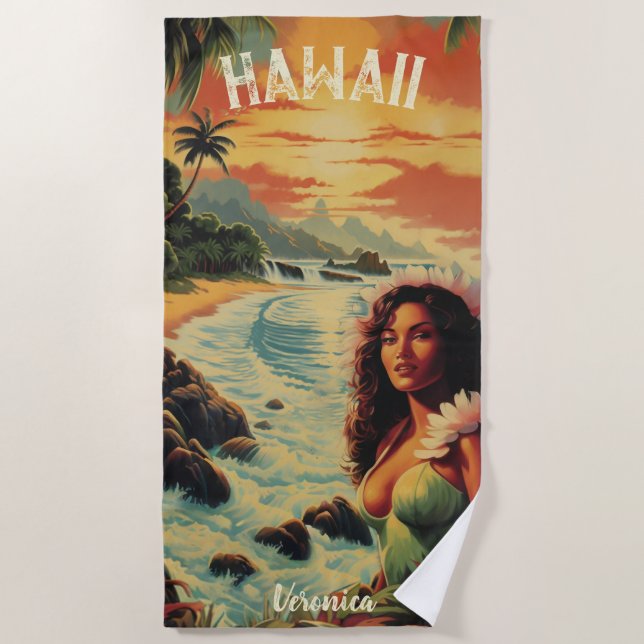 Vintag Art Hawaii Beach Hawaiian Girl Strandtuch (Vorderseite)