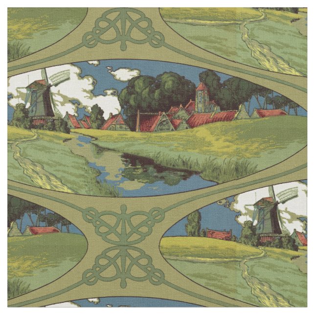 Vintag Art Nouveau 1900 Dutch Windmill Pattern Stoff (Nahaufnahme)