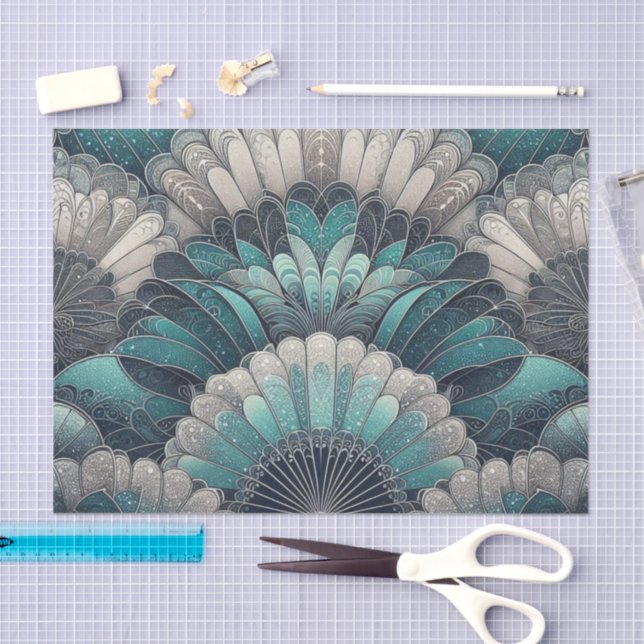 Vintag Art Nouveau Blue Silver Fans Seidenpapier (Handwerk)