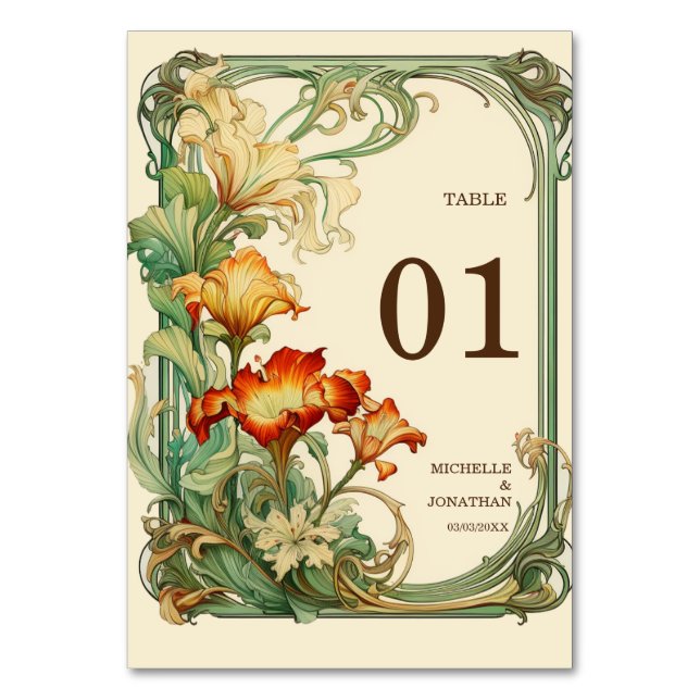 Vintag Art Nouveau Botanical Mucha Vielen Dank Tischnummer (Vorderseite)